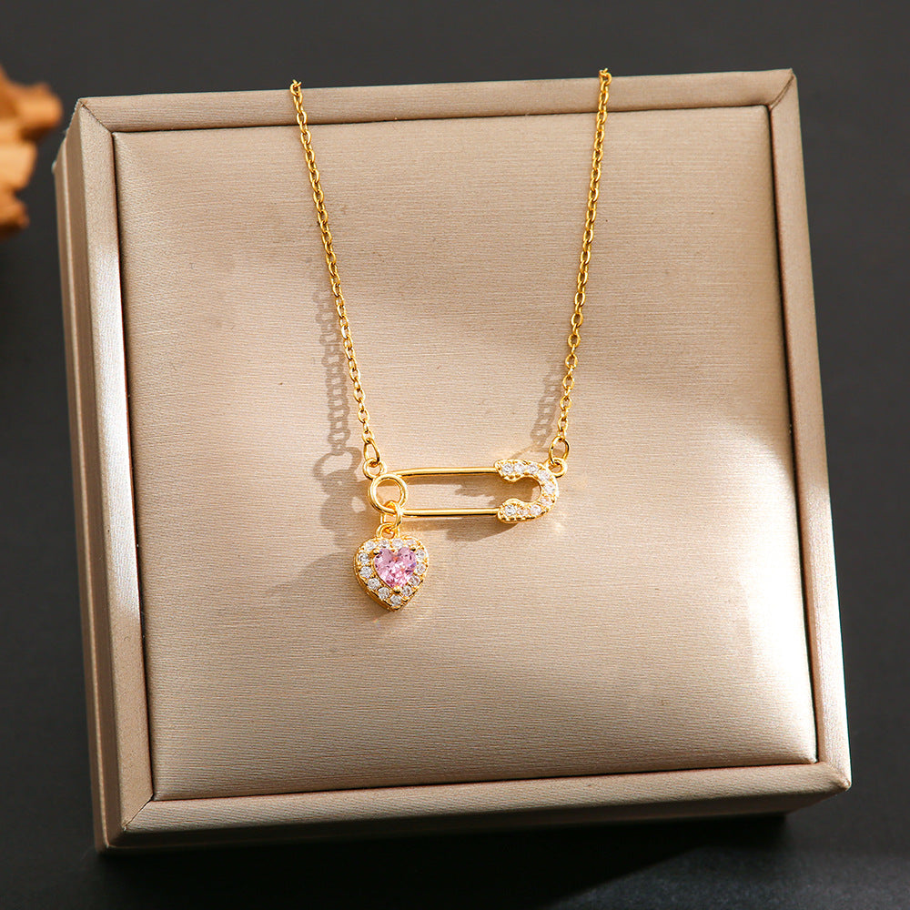 Safety Pin & Heart Zircon Necklace