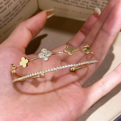 Double-Layer Zircon Flower Cuff Bracelet