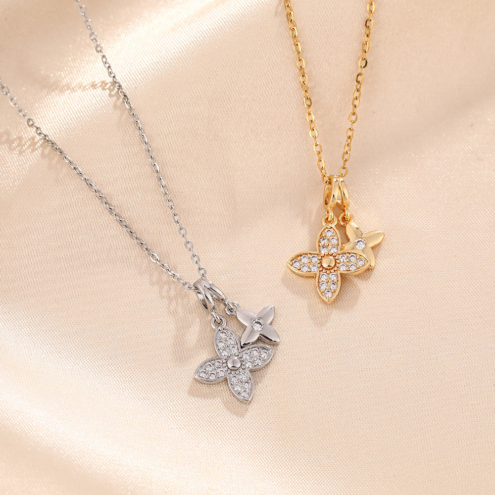 Double Pavé Clover Pendant Necklace