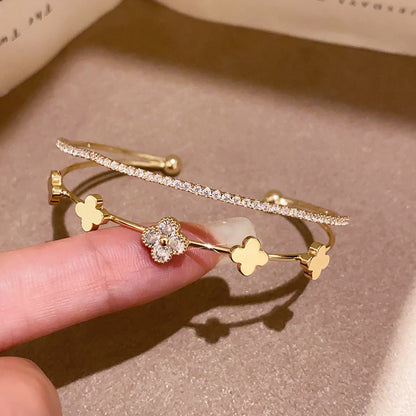 Double-Layer Zircon Flower Cuff Bracelet