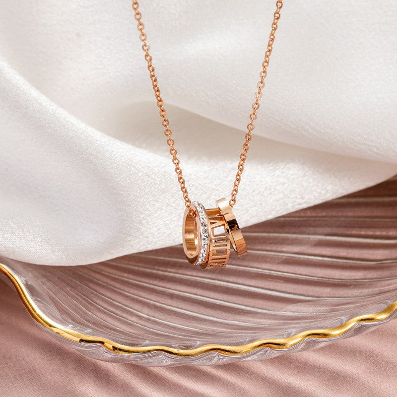 Rose Gold Roman Numeral Triple Ring Necklace