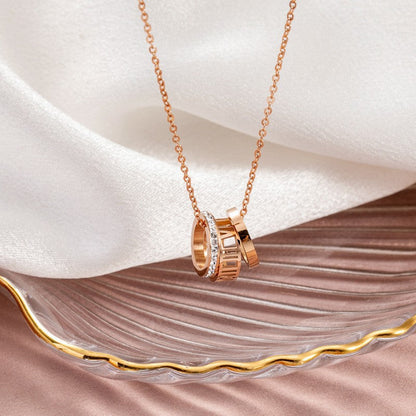Rose Gold Roman Numeral Triple Ring Necklace