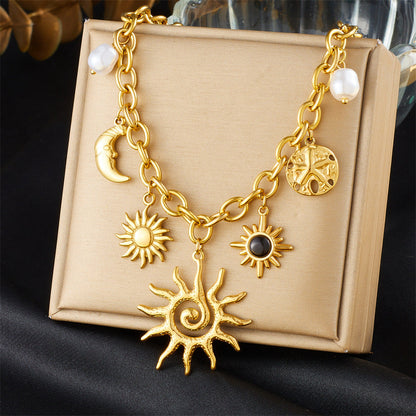 Layered Sunburst & Cross Pendant Necklace