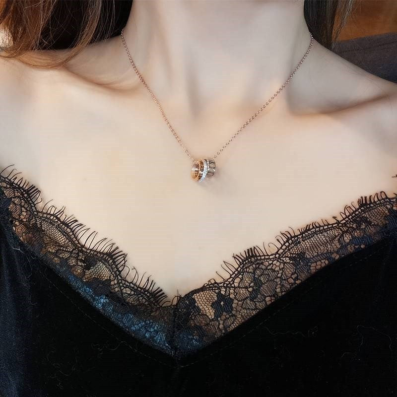 Rose Gold Roman Numeral Triple Ring Necklace