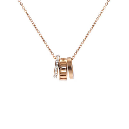 Rose Gold Roman Numeral Triple Ring Necklace
