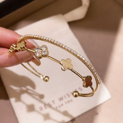 Double-Layer Zircon Flower Cuff Bracelet