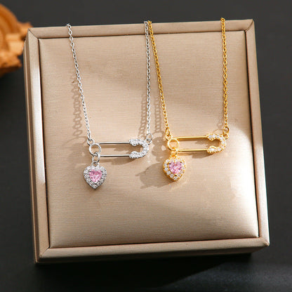 Safety Pin & Heart Zircon Necklace