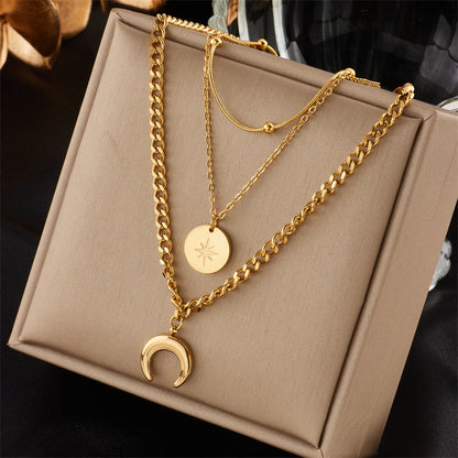 Layered Sunburst & Cross Pendant Necklace