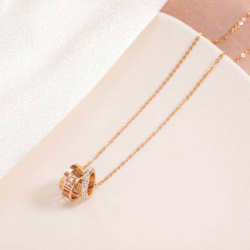 Rose Gold Roman Numeral Triple Ring Necklace