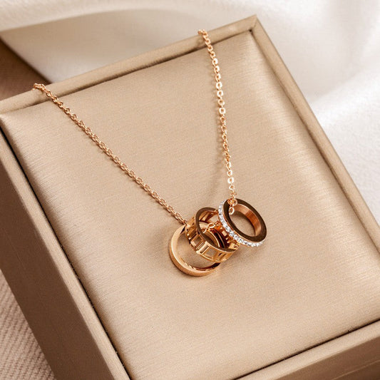 Rose Gold Roman Numeral Triple Ring Necklace