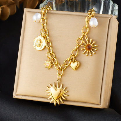 Layered Sunburst & Cross Pendant Necklace