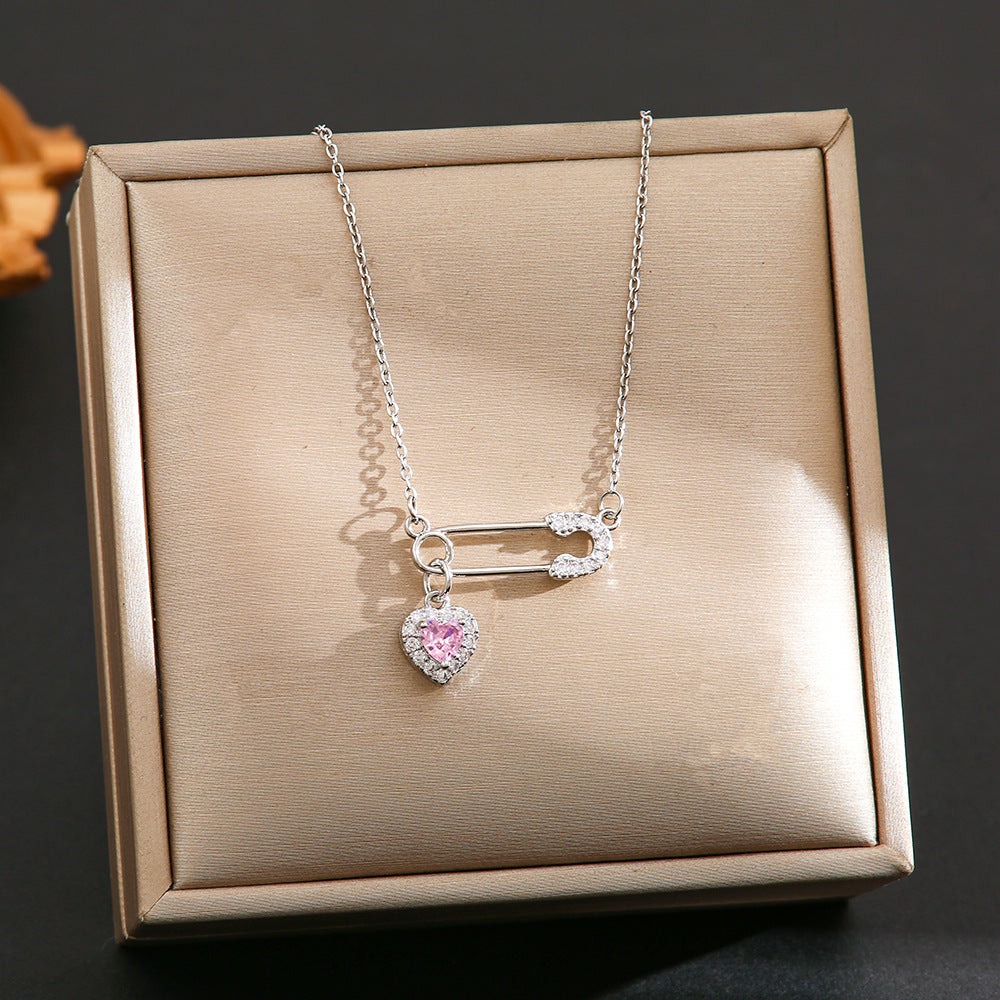 Safety Pin & Heart Zircon Necklace