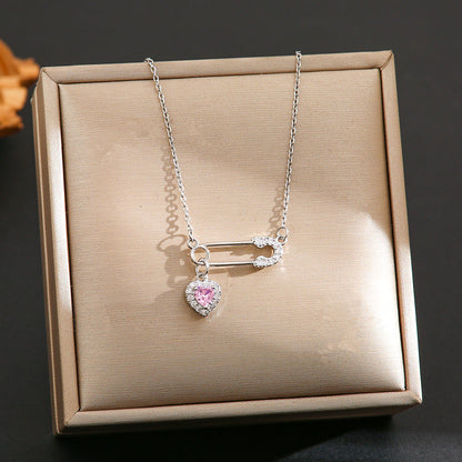 Safety Pin & Heart Zircon Necklace