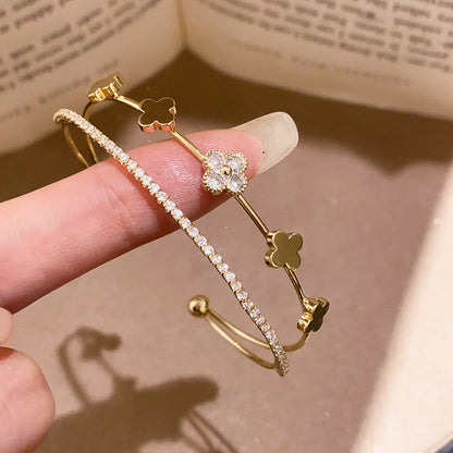 Double-Layer Zircon Flower Cuff Bracelet