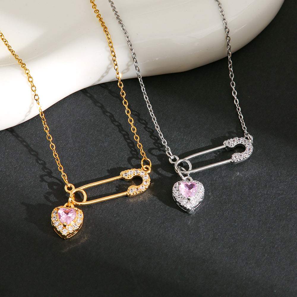 Safety Pin & Heart Zircon Necklace