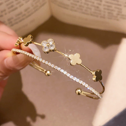 Double-Layer Zircon Flower Cuff Bracelet