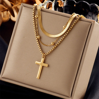 Layered Sunburst & Cross Pendant Necklace